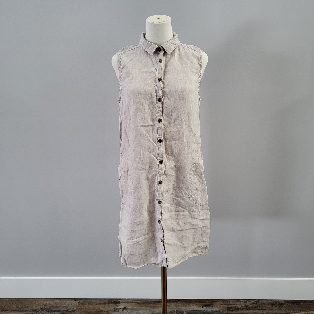 H by Halston 100% Linen Shirt Dress M Sleeveless Button Front Minimalist